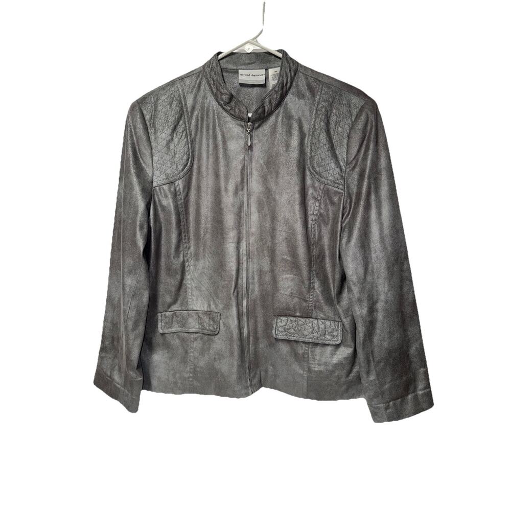 Alfred Dunner Soft Faux Suede Zip Jacket Pockets Silver Grey Womens Sz 16 Petite